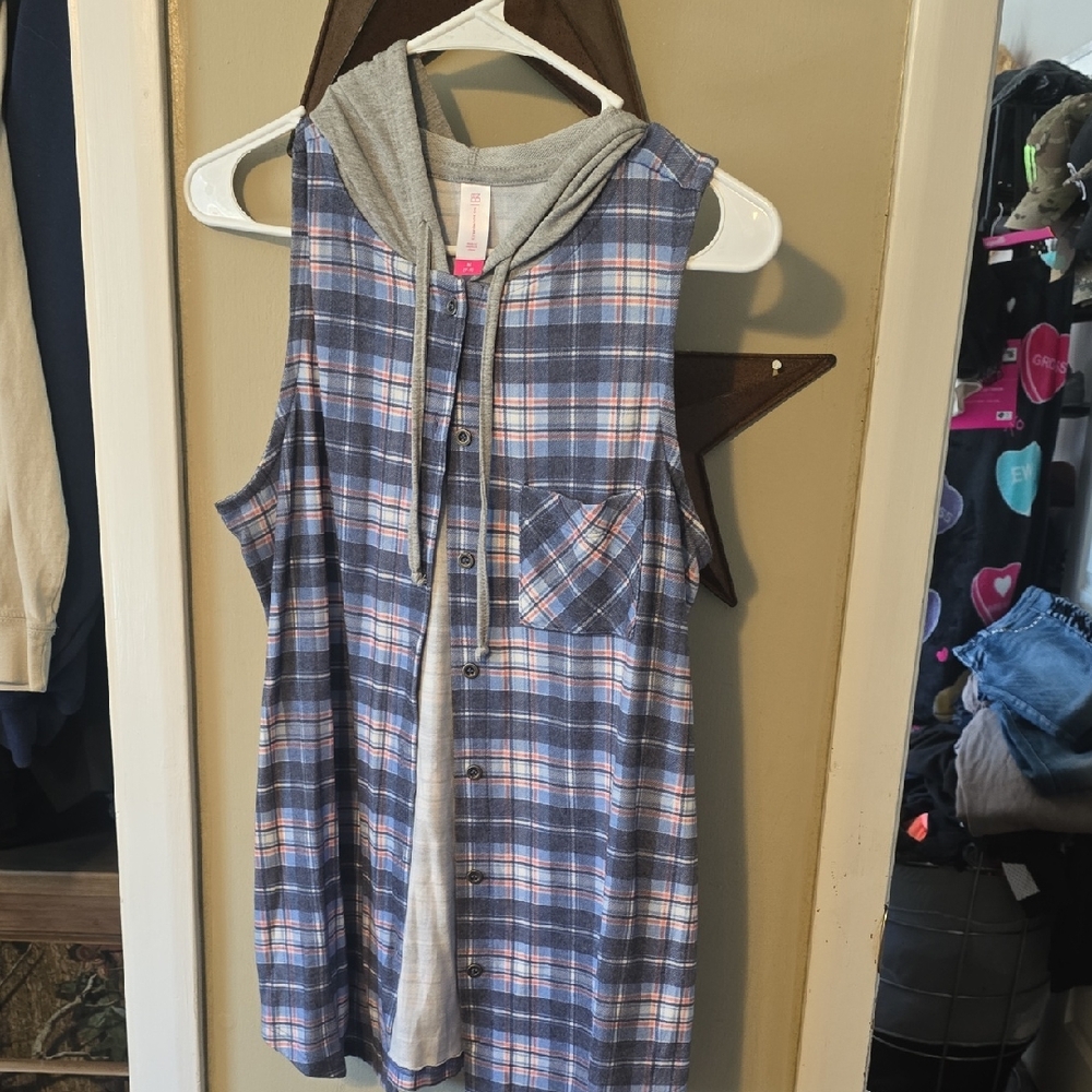 Sleeveless Plaid Hooded Button-Front Top - Blue Nwot Size Med